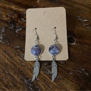 Amethyst Stainless Steel Silver Feather Dangle Earrings